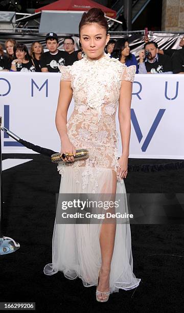 Actress/singer Agnes Monica arrives at the Los Angeles premiere of "Oblivion" at Dolby Theatre on April 10, 2013 in Hollywood, California.