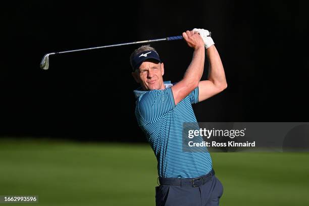 Luke Donald of England plays their second shot on the 10th hole during the Pro-Am prior to the Horizon Irish Open at The K Club on September 06, 2023...