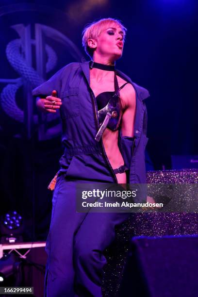 Actress/performance artist Tonya Kay performs onstage at the Heaven & Earth Album Release Party at The Fonda Theatre on April 10, 2013 in Los...