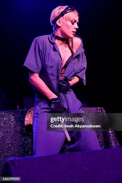 Actress/performance artist Tonya Kay performs onstage at the Heaven & Earth Album Release Party at The Fonda Theatre on April 10, 2013 in Los...