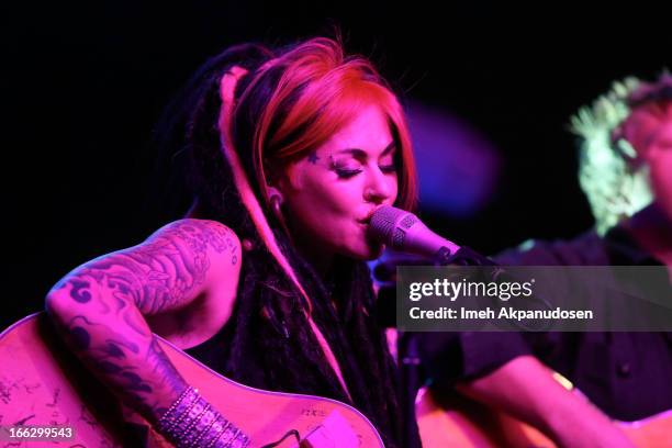 Singer/songwriter Dilana Robichaux performs onstage at the Heaven & Earth Album Release Party at The Fonda Theatre on April 10, 2013 in Los Angeles,...