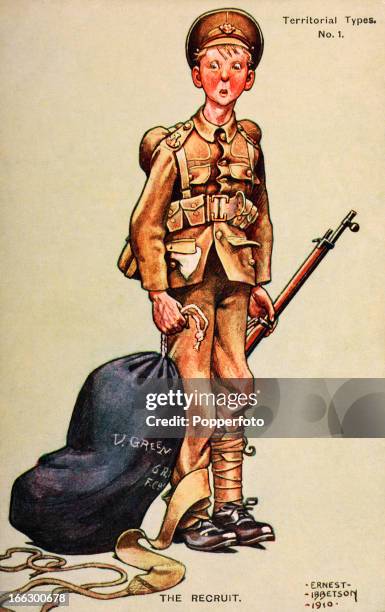 Vintage postcard featuring an illustration of a new recruit, his kitbag labelled V Green, published during World War One, circa 1915. British...