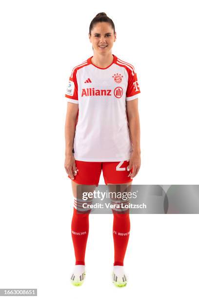 Sarah Zadrazil poses during the team presentation of FC Bayern Muenchen Women's at FC Bayern Muenchne Acadamy on September 4, 2023 in Munich, Germany.
