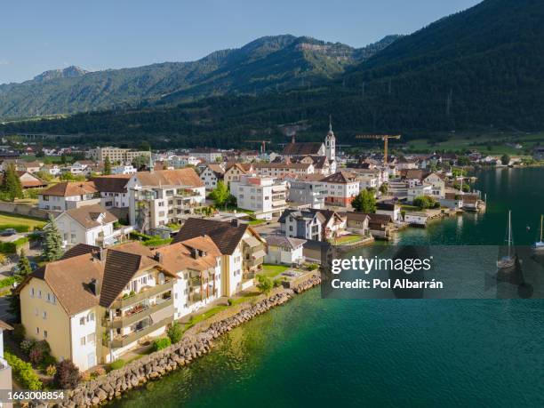 sunny day aerial view of arth goldau village by lake zug, canton schwyz, central switzerland - schwyz stock pictures, royalty-free photos & images