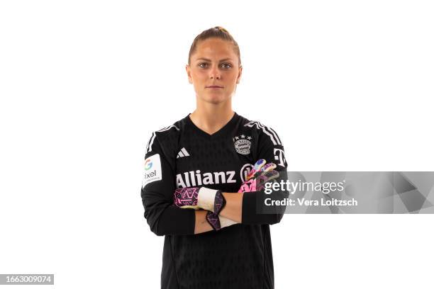 Anna Wellmann poses during the team presentation of FC Bayern Muenchen Women's at FC Bayern Muenchne Acadamy on September 4, 2023 in Munich, Germany.