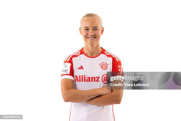 Pernille Harder poses during the team presentation of FC Bayern Muenchen Women's at FC Bayern Muenchne Acadamy on September 4, 2023 in Munich,...