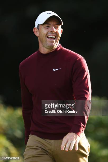 Rory McIlroy of Northern Ireland laughs on the 1st hole during the Pro-Am prior to the Horizon Irish Open at The K Club on September 06, 2023 in...