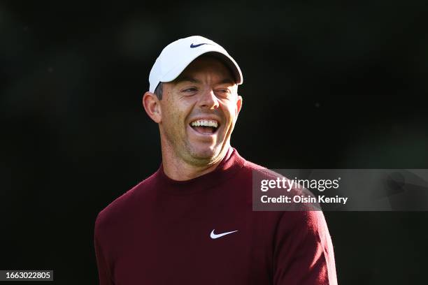 Rory McIlroy of Northern Ireland laughs on the 1st hole during the Pro-Am prior to the Horizon Irish Open at The K Club on September 06, 2023 in...