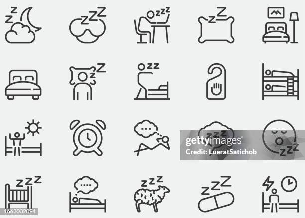 sleep line icon. sleeping, bedroom, dream, pillow, bed, alarm clock, insomnia, night, rest and sleep disorders, glasses for sleep, sheep, bedroom rest mattress, zzz snooze, human sleep in bed, snoring - silence sign stock illustrations