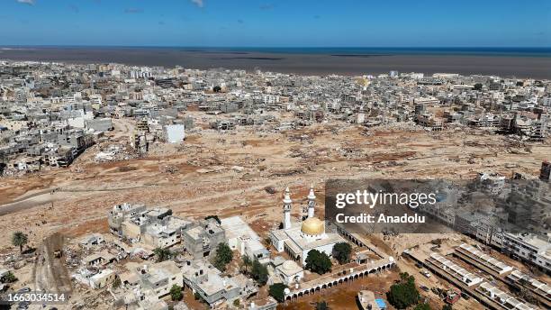 An aerial view of the devastation in disaster zones after the floods caused by the Storm Daniel ravaged the region in Derna, Libya on September 13,...