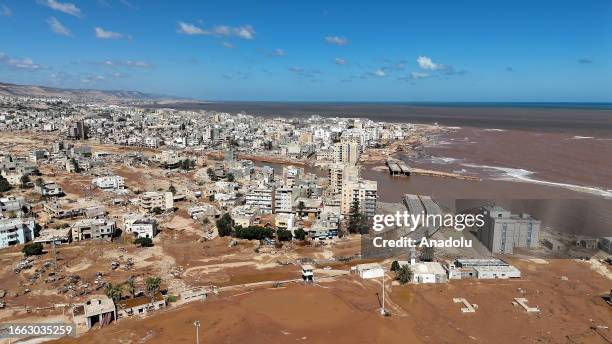 An aerial view of the devastation in disaster zones after the floods caused by the Storm Daniel ravaged the region in Derna, Libya on September 13,...