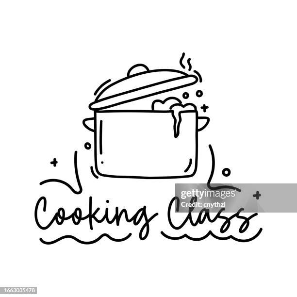 cooking class vector handwritten lettering with saucepan icon. - chef logo stock illustrations