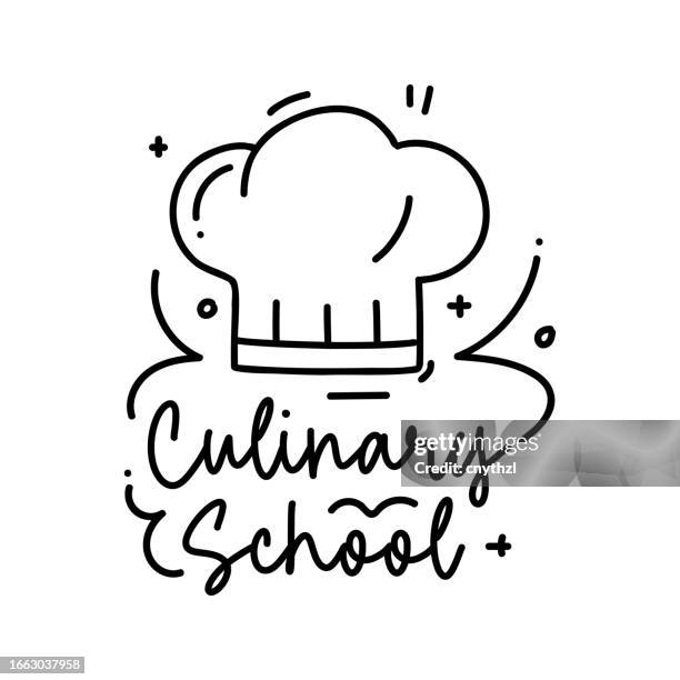 culinary school vector handwritten lettering with cooking pan icon. - bread logo stock illustrations