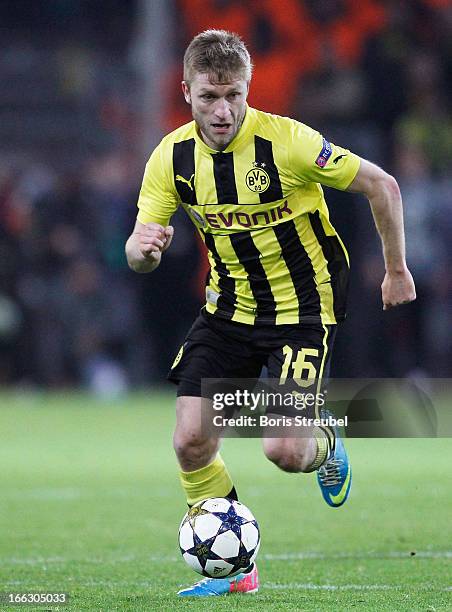 Jakub Blaszczykowski of Dortmund runs with the ball during the UEFA Champions League quarter-final second leg match between Borussia Dortmund and...