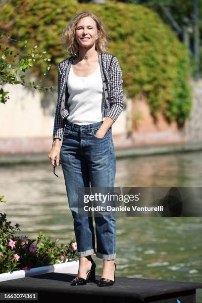 Pascale Arbillot arrives at the Hotel Excelsior pier for the 80th Venice International Film Festival 2023 on September 06, 2023 in Venice, Italy.