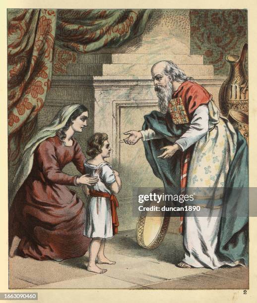 samuel left in to care of eli by his mother hannah, biblical art - priest rabbi stock illustrations