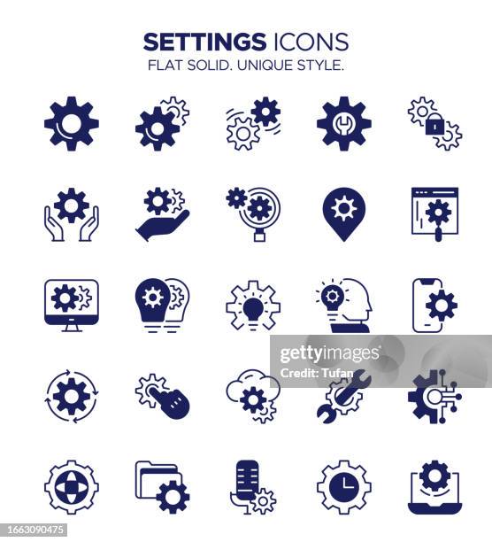 settings icon set solid style - configuration, preferences, control panel, gear - volume knob stock illustrations