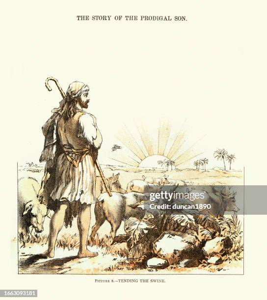 the story of the prodigal son, tending the swine, victorian religious art, 1880s 19th century - prodigal son stock illustrations