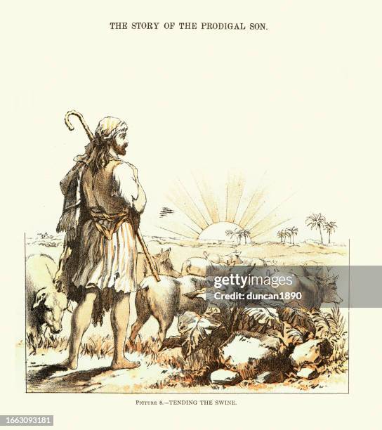 the story of the prodigal son, tending the swine, victorian religious art, 1880s 19th century - bible stories stock illustrations