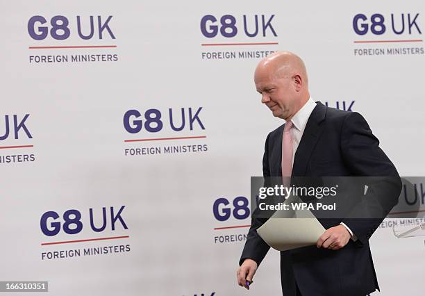 British Foreign Secretary William Hague holds a news conference after hosting the G8 Foreign Ministers meeting in Lancaster House on April 11, 2013...