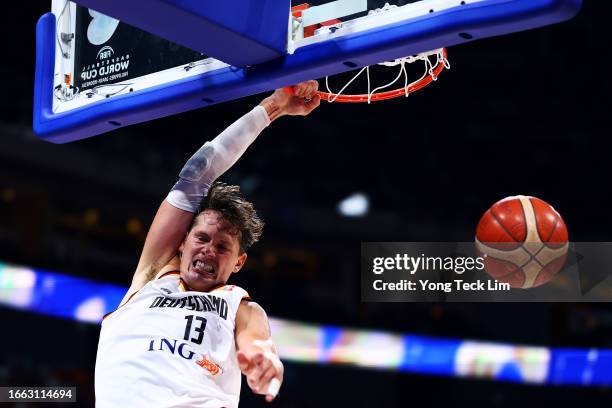 Moritz Wagner of Germany dunks the ball in the fourth quarter during the FIBA Basketball World Cup quarterfinal game against Latvia at Mall of Asia...