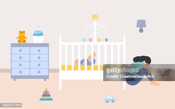 depressed tired mother sitting near baby crib and hugging her knees. postpartum depression, postnatal anxiety and parent difficulty concept - employment and labour stock illustrations