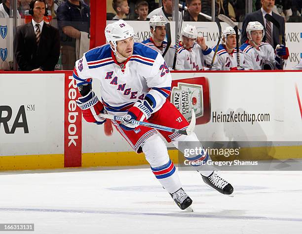 Ryane Clowe of the New York Rangers skates against the Pittsburgh Penguins on April 5, 2013 at Consol Energy Center in Pittsburgh, Pennsylvania.