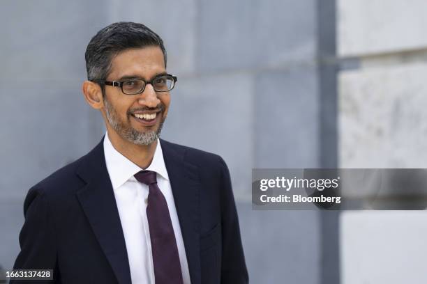 Sundar Pichai, chief executive officer of Alphabet Inc., departs following a Senate bipartisan Artificial Intelligence Insight Forum on Capitol Hill...