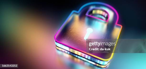 concepto de seguridad. símbolo de candado digital que realiza protección contra virus y malware. antecedentes de tecnología futurista moderna. renderizado 3d - objetos de seguridad fotografías e imágenes de stock