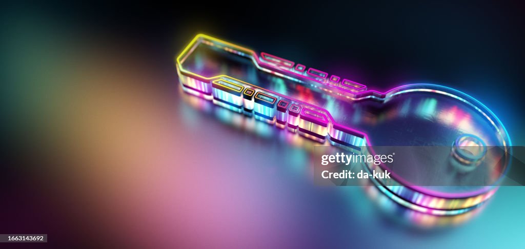 Authentifizierung mit digitalem Schlüssel. Moderner Technologiehintergrund mit futuristischem holografischem Schlüsselsymbol. CGI-3D-Rendering.