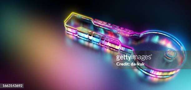 digital key authentication. modern technology background with futuristic key icon holographic code. cgi 3d render. - computertoets stockfoto's en -beelden