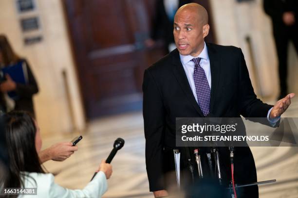 United States Senator Cory Booker speaks to the press after a US Senate bipartisan Artificial Intelligence Insight Forum at the US Capitol in...
