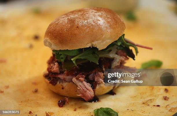 Pulled pork sandwich awaits visitors on the first day of Street Food Thursday at the Markthalle Neun market hall in Kreuzberg district on April 11,...