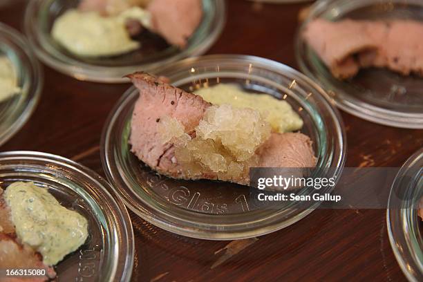 Asian roast beef served with coriander mayonnaise and grass granita awaits visitors on the first day of Street Food Thursday at the Markthalle Neun...