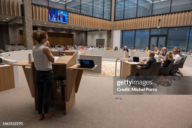 Plaintiff Marleen Beljaars addresses the provincial government during a hearing about the consequences of pollution caused by Chemours on September...