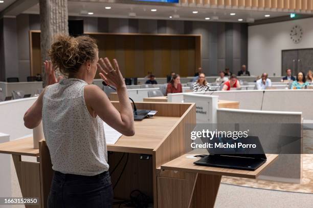 Plaintiff Marleen Beljaars addresses the provincial government during a hearing about the consequences of pollution caused by Chemours on September...