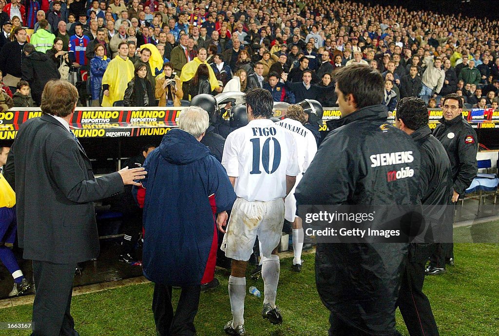 Luis Figo of Real Madrid leaves the pitch