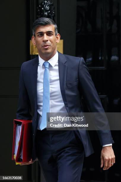 Prime Minister Rishi Sunak departs 10 Downing Street to attend PMQs for the first time since the summer recess on September 06, 2023 in London,...