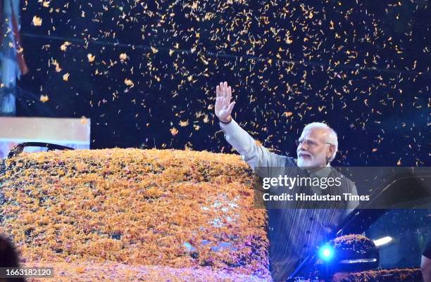 Prime Minister Narendra Modi being welcomed at BJP HQ after following the successful G20 meeting under India's presidency, as he arrived there to...