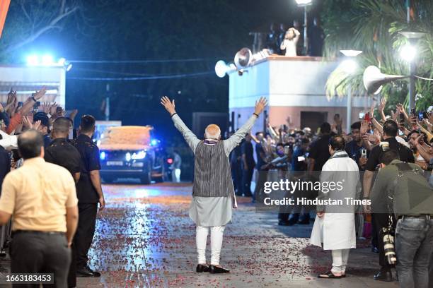 Prime Minister Narendra Modi being welcomed at BJP HQ after following the successful G20 meeting under India's presidency, as he arrived there to...