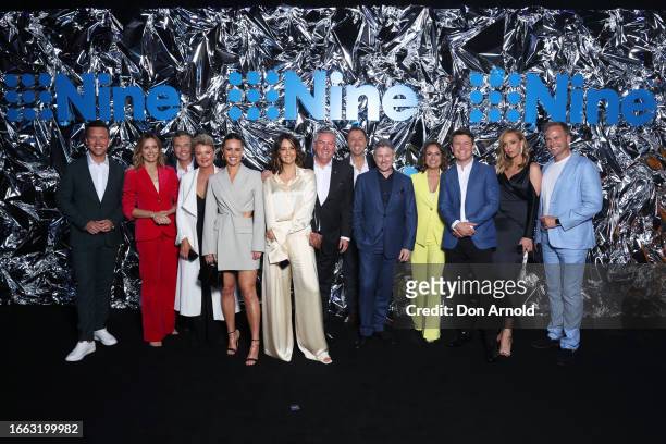 Allison Langdon, Brooke Boney and Eddie McGuire pose amongst Nine Network colleagues during the Nine 2023 upfronts on September 06, 2023 in Sydney,...