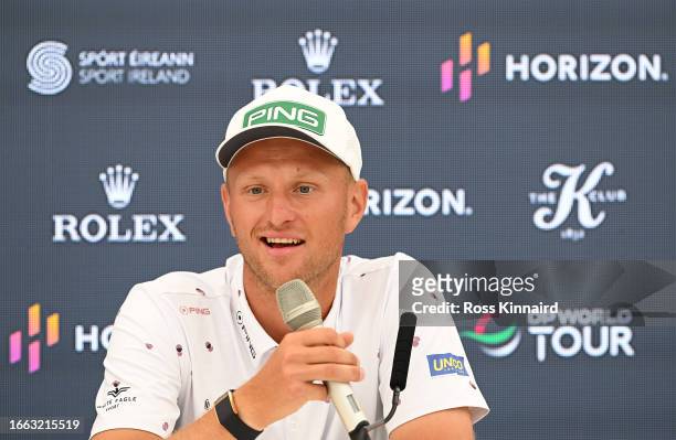 Adrian Meronk of Poland speaks in a press conference prior to the Horizon Irish Open at The K Club on September 06, 2023 in Straffan, Ireland.