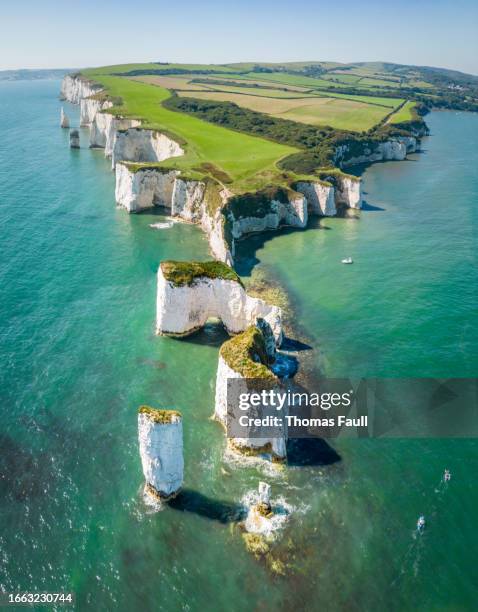 aerial view of old harry rocks - south west coast path stock pictures, royalty-free photos & images