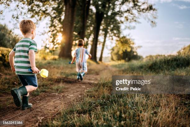 rear view of two sibling boys running in forest together - walking woods stock pictures, royalty-free photos & images