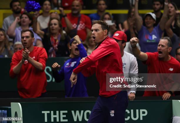 Captain Bob Bryan of USA reacts during the 2023 Davis Cup Finals Group D Stage match between Croatia and USA at Arena Gripe Sports Centre on...