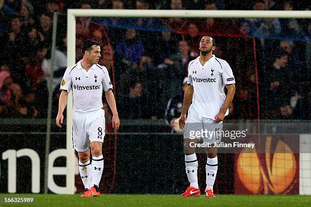 The dejected Tottenham pairing of Scott Parker and Mousa Dembele reacts after conceding a goal during UEFA Europa League quarter final second leg...