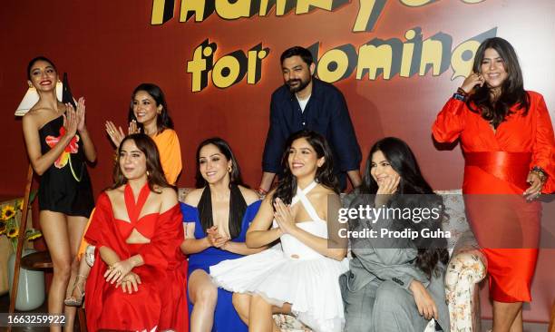 Dolly Singh, Shehnaaz Gill, Kusha Kapila, Shibani Bedi, Bhumi Pednekar, Karan Boolani, Rhea Kapoor and Ekta Kapoor attend the trailer launch of film...
