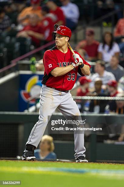 Justin Morneau of Canada bats against Italy during the World Baseball Classic First Round Group D game on March 8, 2013 at Chase Field in Phoenix,...
