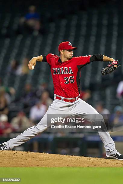 Dustin Molleken of Canada pitches against Italy during the World Baseball Classic First Round Group D game on March 8, 2013 at Chase Field in...