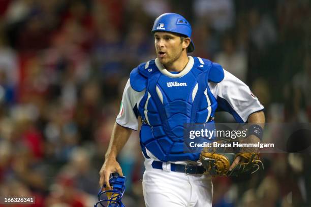 Drew Butera of Italy looks on against Canada during the World Baseball Classic First Round Group D game on March 8, 2013 at Chase Field in Phoenix,...